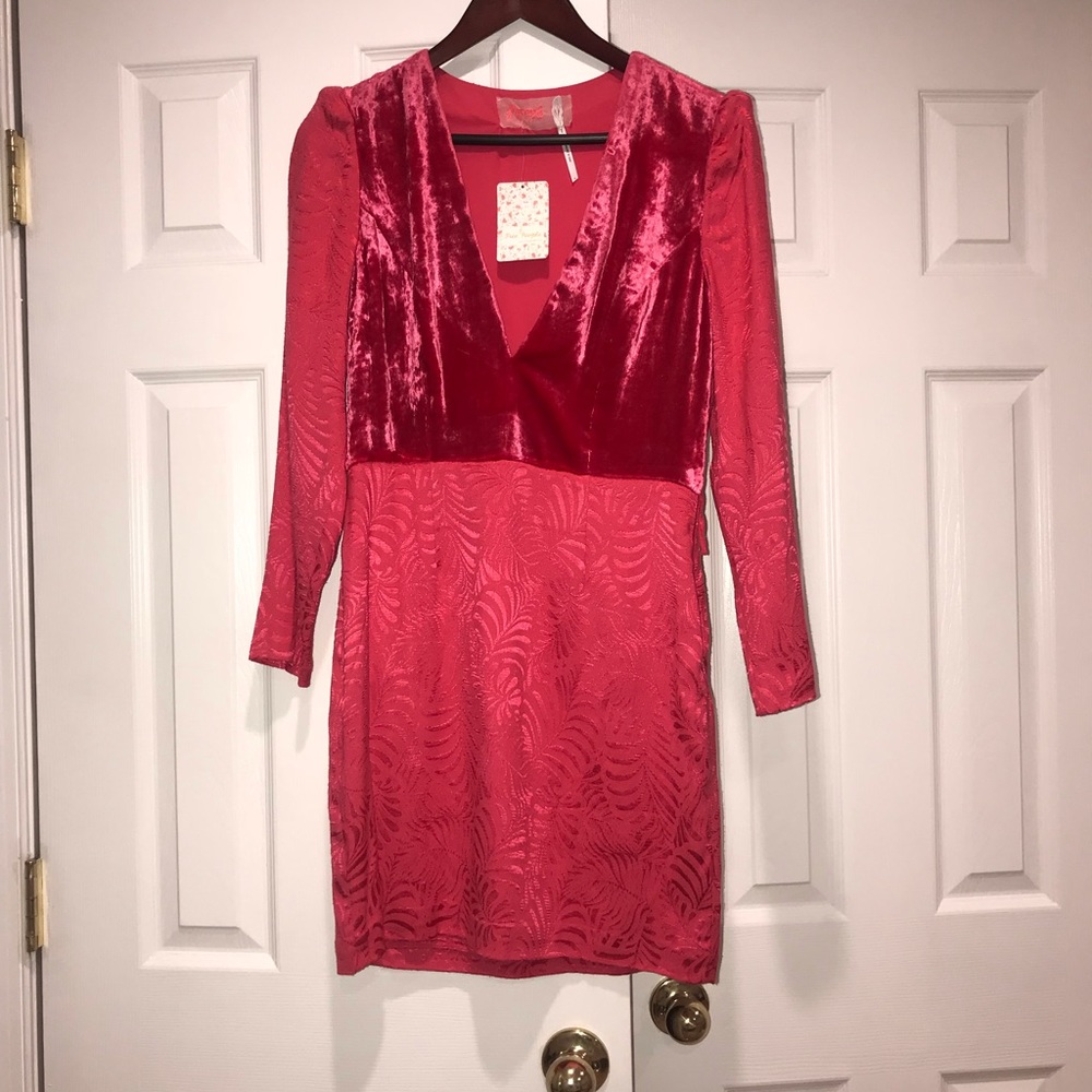 Free People Red Velvet Long Sleeve Dress Sz 8 - Picture 3 of 6